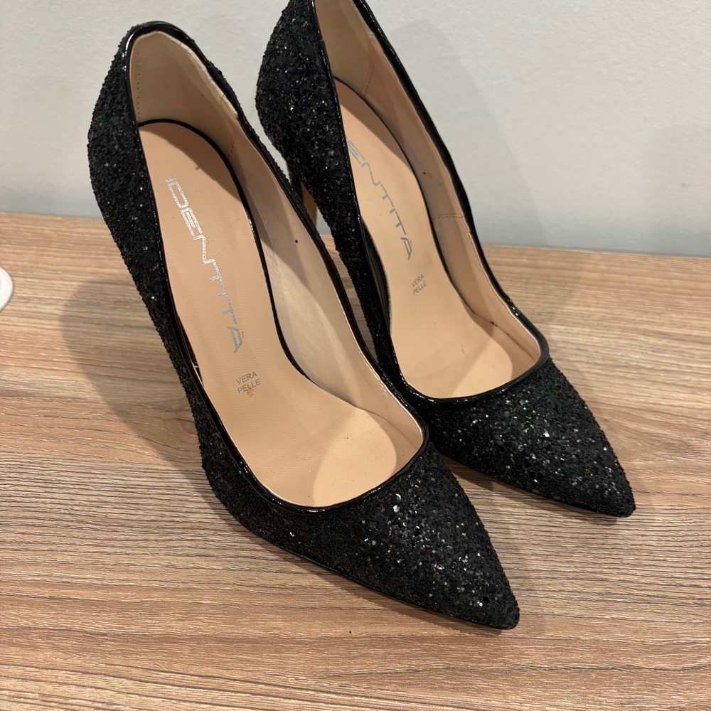Identita Sparkly Glitter Pointed Toe Pumps Women Black Size 36 Stiletto Heels